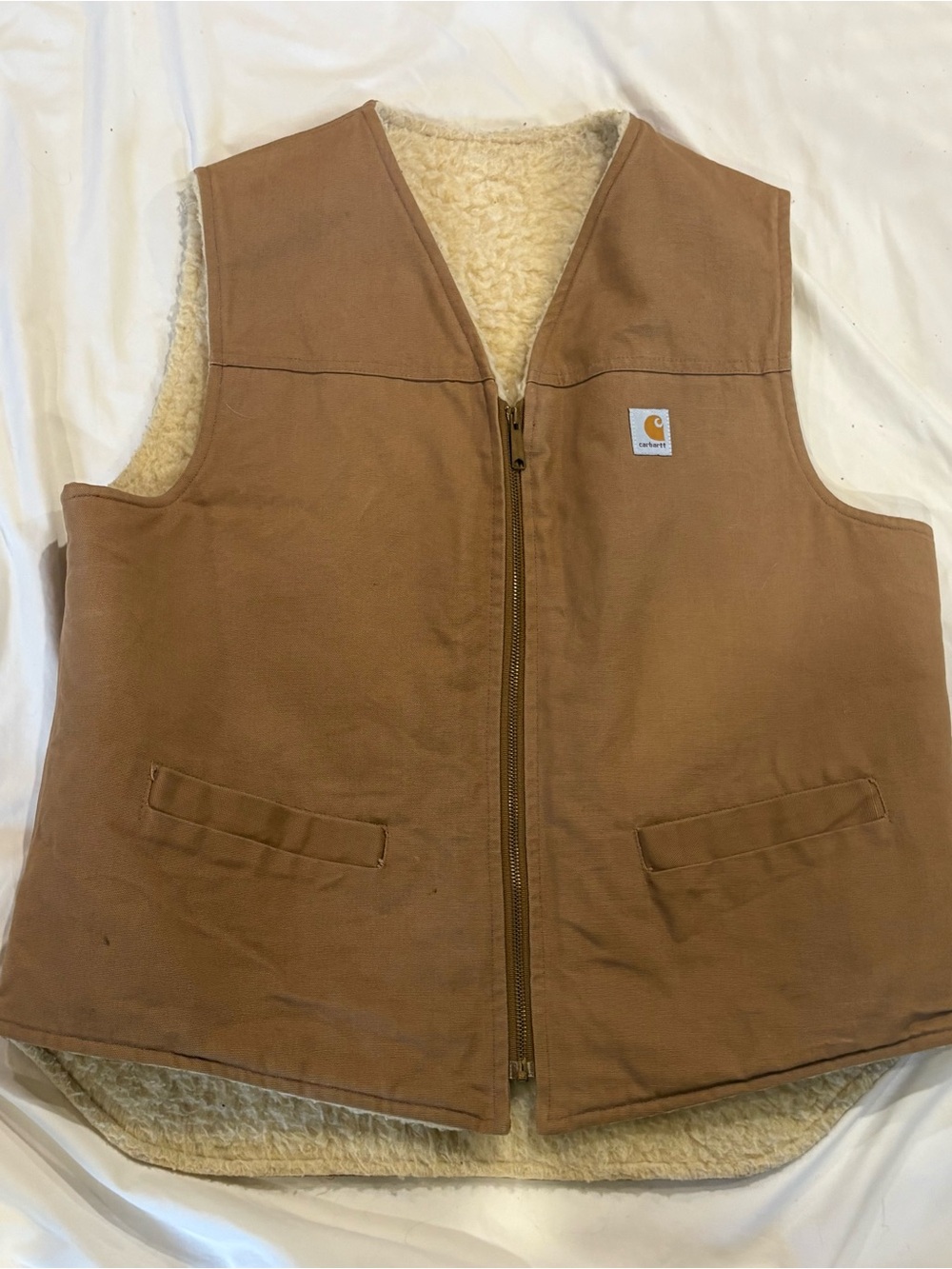 Vtg 80s/90s Carhartt 6SVT Sherpa Lined Duck Canvas Vest Brown Made in USA - XLT - Picture 5 of 9